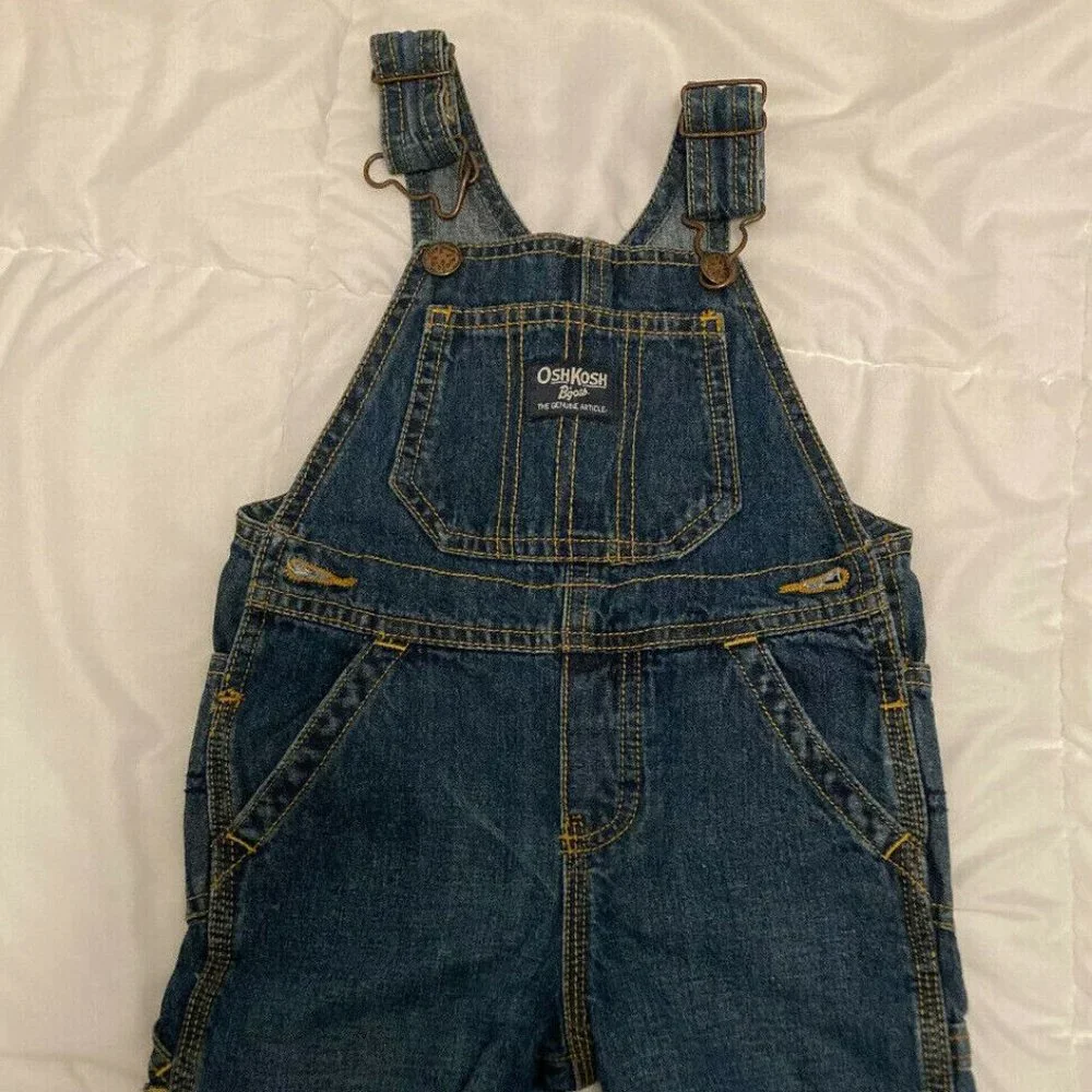 OshKosh Kids 18M Blue Jean Denim Green Plaid Check Lined Cuff Overalls